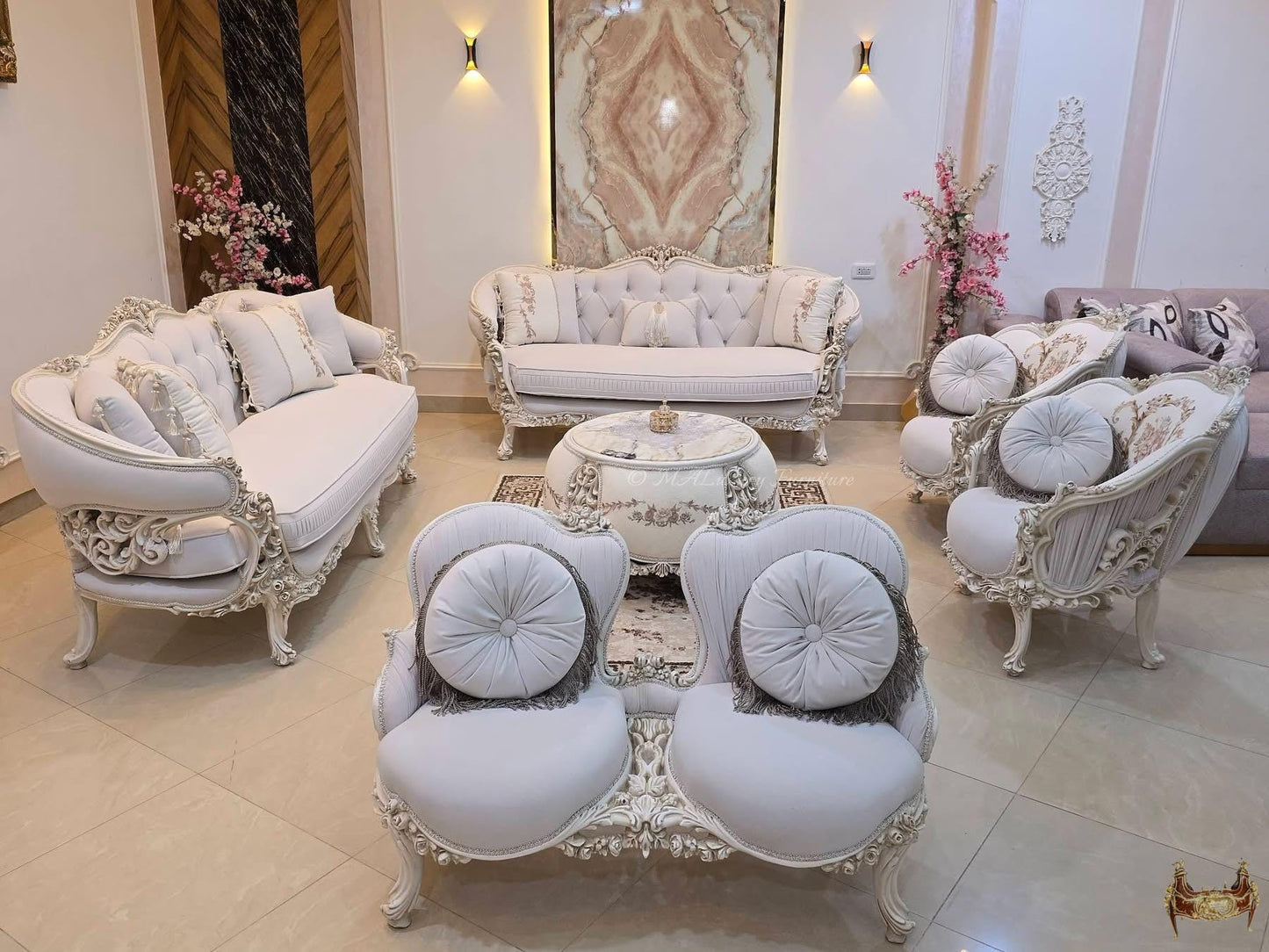 Luxury French Living Room Set – 6-Piece Hand-Carved Sofa & Chair Ensemble and table