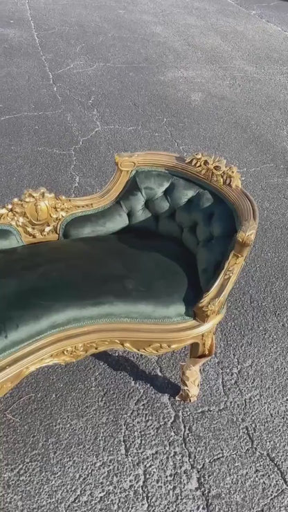 Luxury French mini gilt wood sofa green suede-Out Of Stock -Made to order