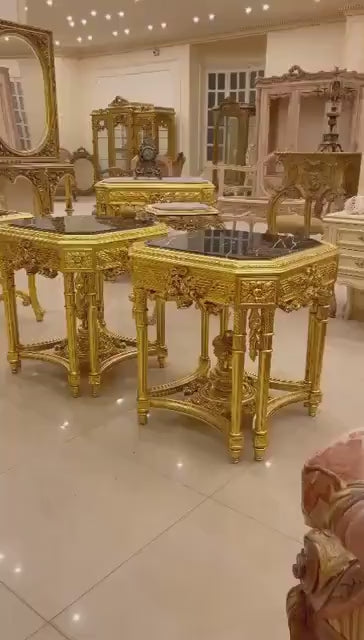 Handmade Louis XV Giltwood Marble Top Side Table - Set of 2