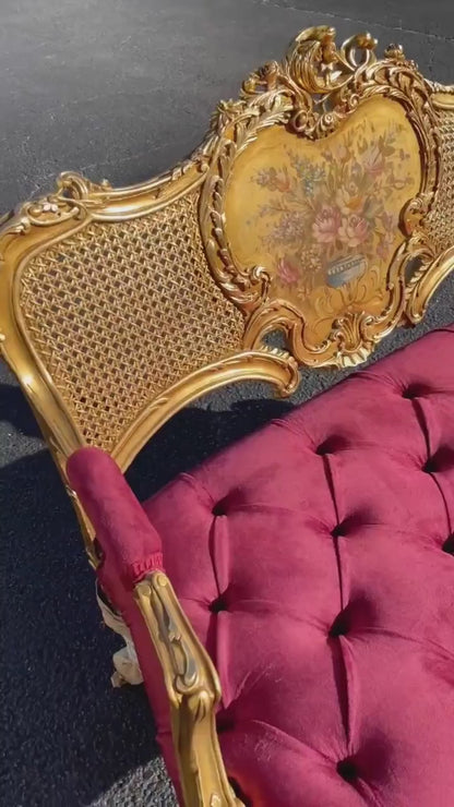Hand-Carved Louis XV Settee – Gold Finish, Red Velvet, Floral Backrest