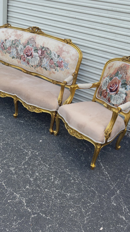 Louis XV Style Living Room Set – Gilded French Rococo Sofa & Armchairs  Floral Upholstery  (3-Piece)