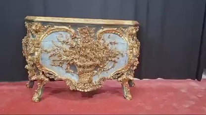 Hand-Carved Rococo Chest of Drawers | Blue & Gold Floral Dresser