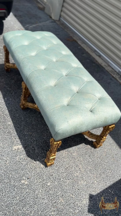 Louis XV Style Bench – Gilded French Rococo Upholstered Ottoman – Luxury Entryway / Bedroom vanity Bench