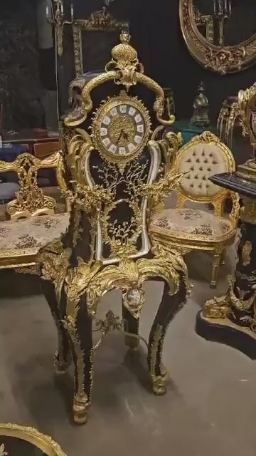 French-Style Ornamental Clock with Gold Leaf Detailing, Royal Black Finish
