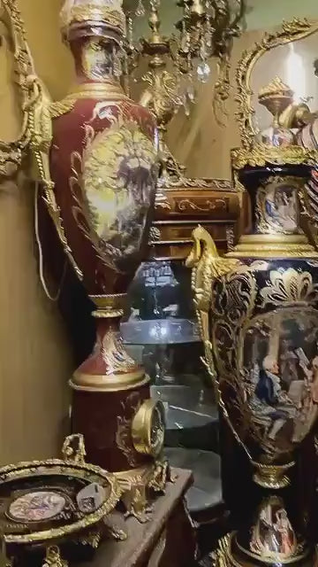 Sevres-Style Porcelain Vases with Pedestals – Hand-Painted Gilt Bronze, Pair