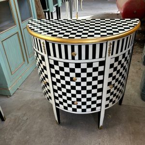 Louis XV Checkered Half Moon Side Table - Black, White & Gold