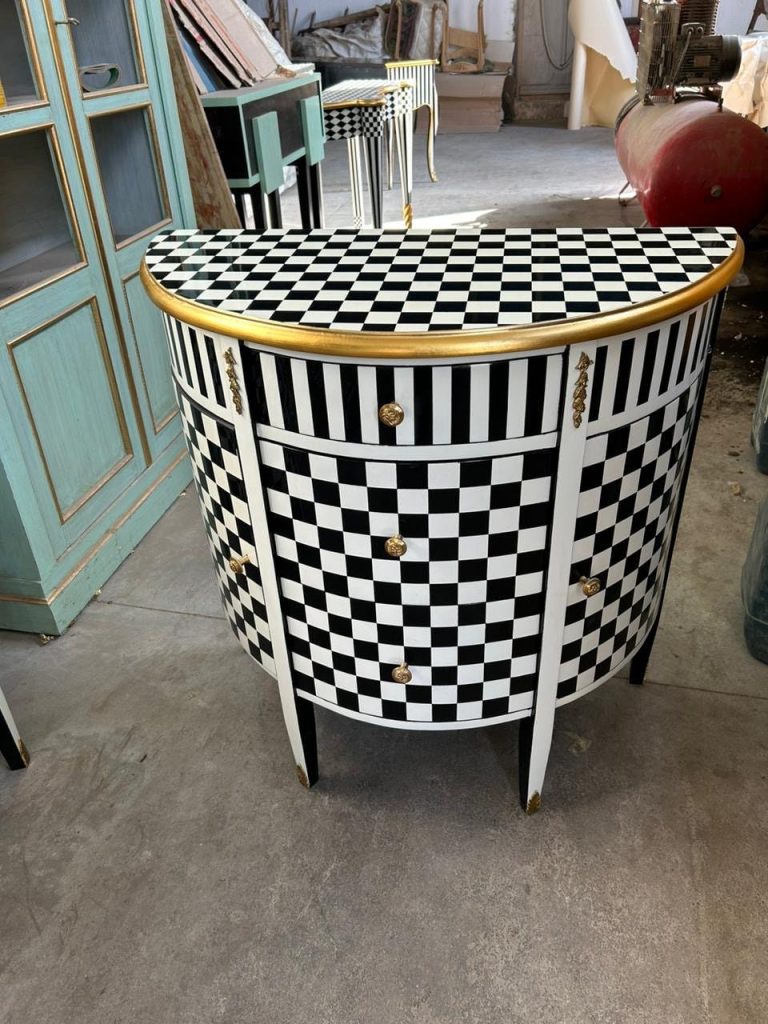 Louis XV Checkered Half Moon Side Table - Black, White & Gold