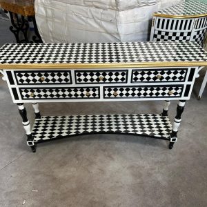 Handmade Louis XV Checkered Console Table: Black, White & Gold 5-Drawer Design