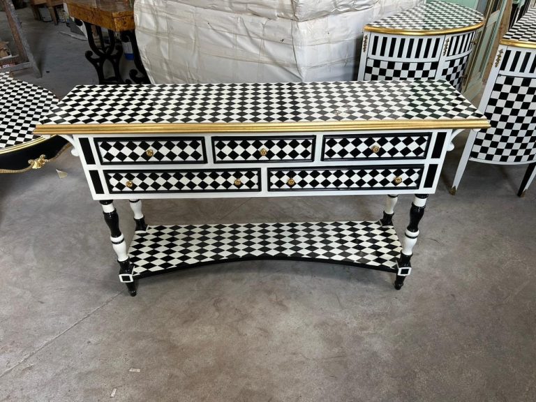 Handmade Louis XV Checkered Console Table: Black, White & Gold 5-Drawer Design