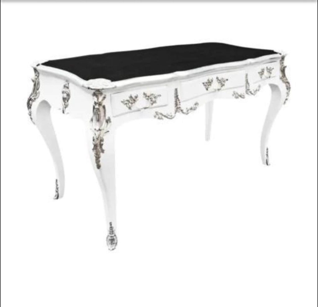 Large baroque Louis XV style desk, 3 drawers, bronze- Available in white chrome