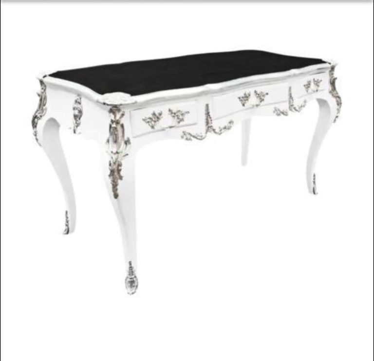 Large baroque Louis XV style desk, 3 drawers, bronze- Available in white chrome