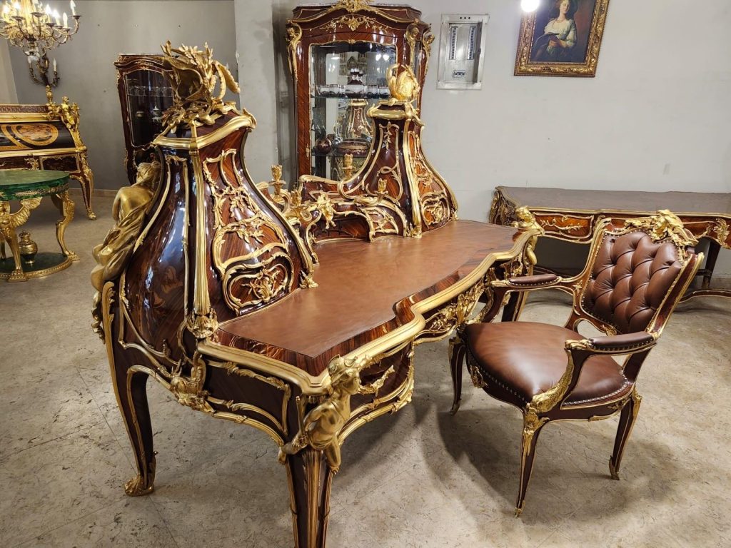 François Linke Style Mahogany Desk and Chair Set – Gilded Bronze