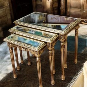 Vintage French Louis XVI Gilt Nesting Tables with Mirrored Tops – Set of 3