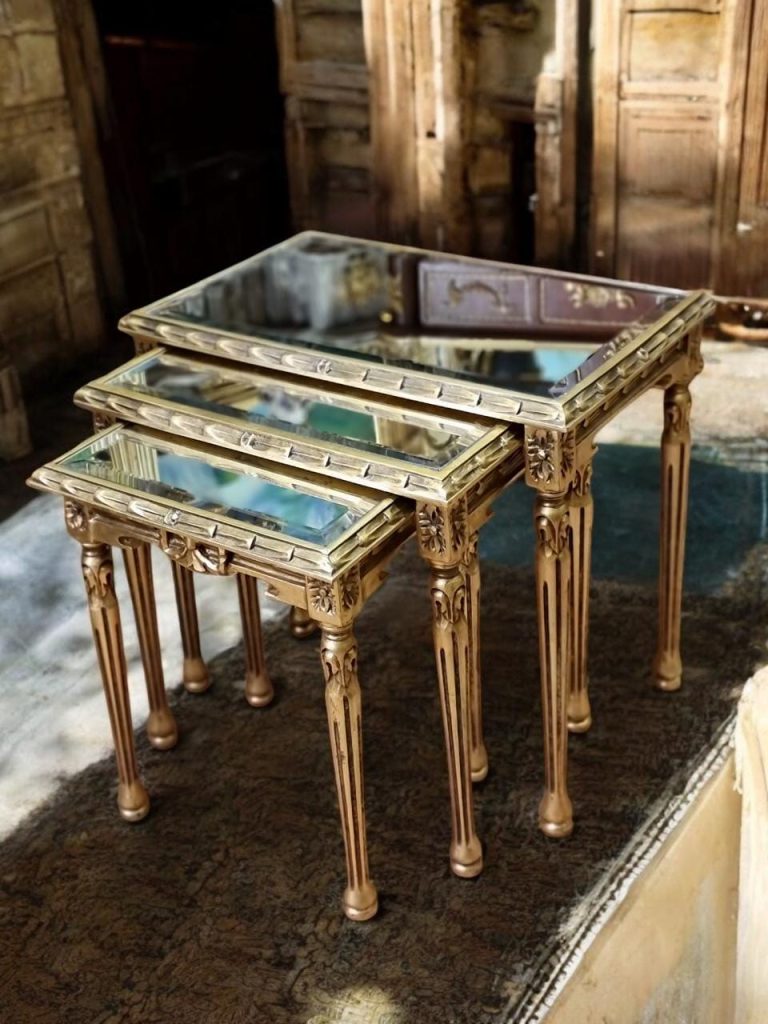 Vintage French Louis XVI Gilt Nesting Tables with Mirrored Tops – Set of 3