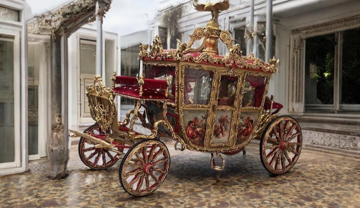 May include: A large, ornate horse-drawn carriage featuring a gold-painted frame with intricate carvings, red velvet upholstery, and painted panels depicting figures. The carriage has four large spoked wheels with red accents and a golden eagle ornament.