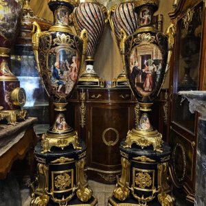 Sevres-Style Porcelain Vases with Pedestals – Hand-Painted Gilt Bronze, Pair