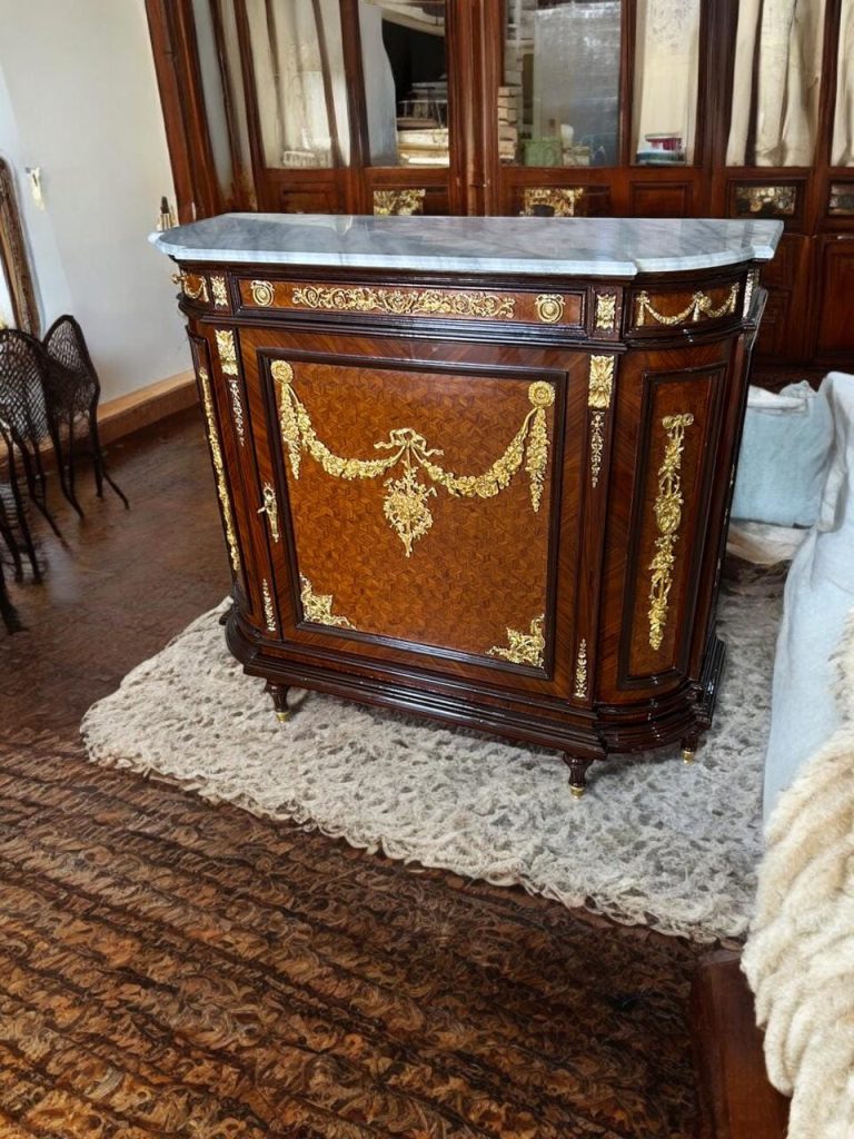 French Louis XVI Marble Top Cabinet Marquetry Inlay, Gilt Bronze Ormolu, Luxury Accent Cabinet