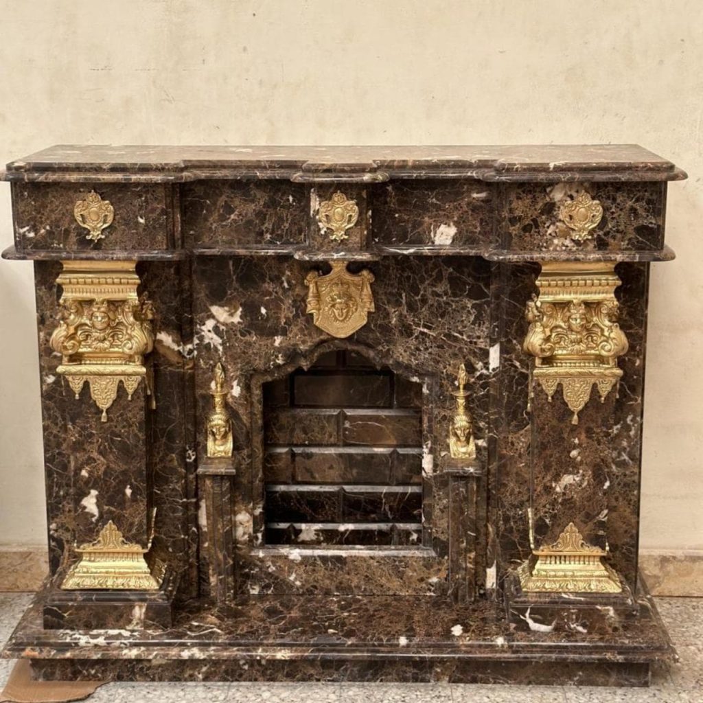 Black Marble Fireplace Mantel – Gold Corinthian Columns, Neoclassical Surround