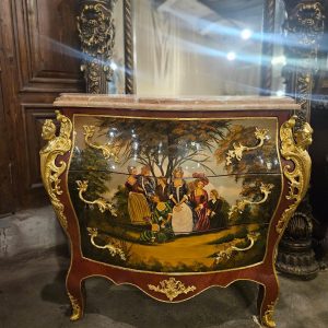 Louis XV Bombe Chest – Hand-Painted Antique French Marble Top Dresser