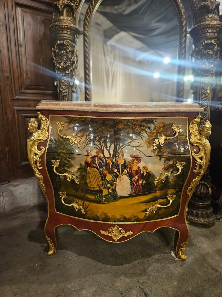 Louis XV Bombe Chest – Hand-Painted Antique French Marble Top Dresser