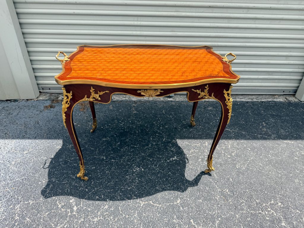 Vintage Louis XV Marquetry Serving Table Rolling Wheels