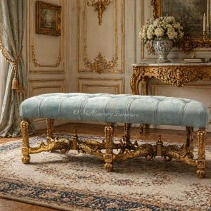 Louis XV Style Gilded Bench – French Rococo Upholstered Ottoman, Entryway Vanity Seating