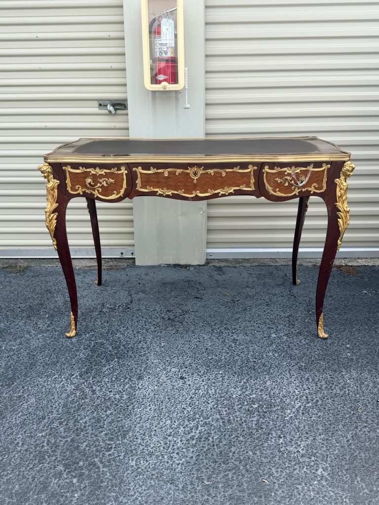 French Louis XV Writing Marquetry Executive Gilt Bronze Ormolu Bureau Plat