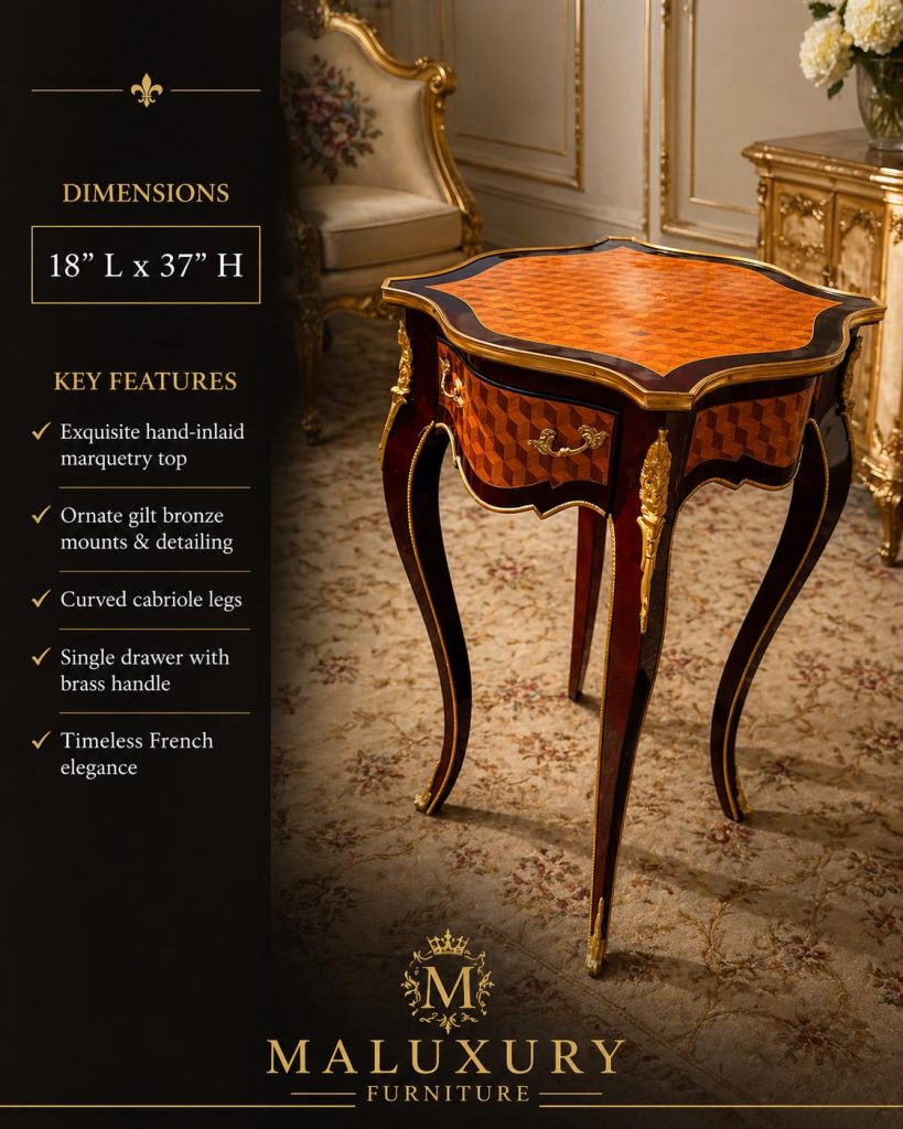 Louis XV Marquetry Side Table, Gilt Bronze Accents, Cabriole Legs Accent Table