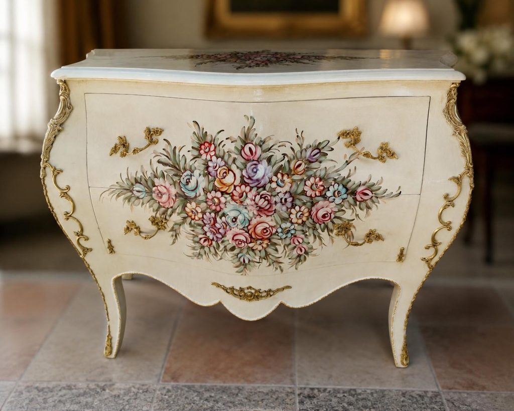 French Louis XV Bombe Commode Hand Painted Floral Chest
