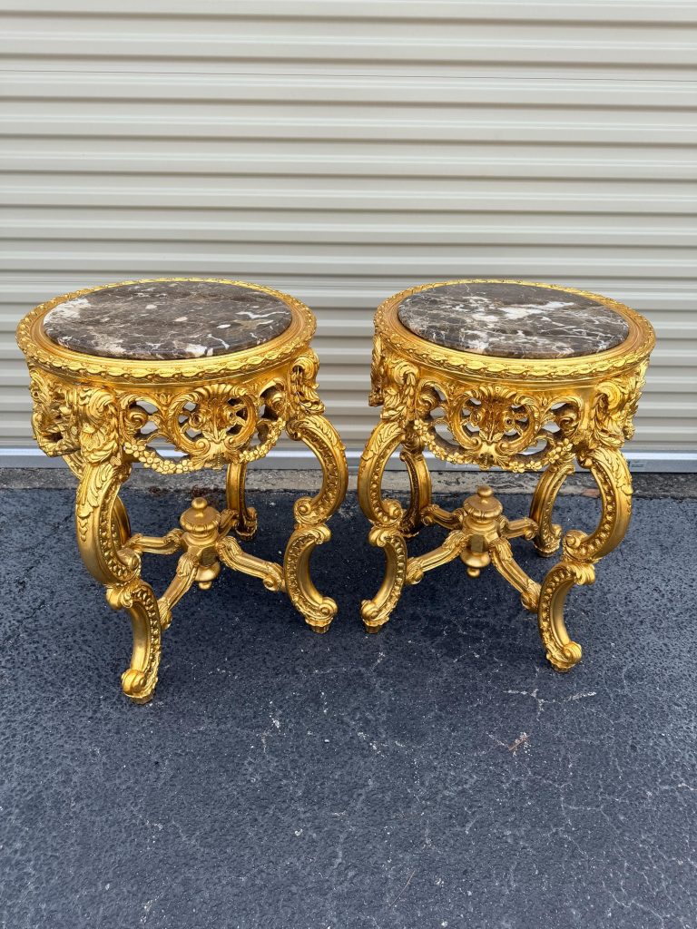 Pair of French Rococo Marble Top Accent Tables Gilded Carved Side Tables