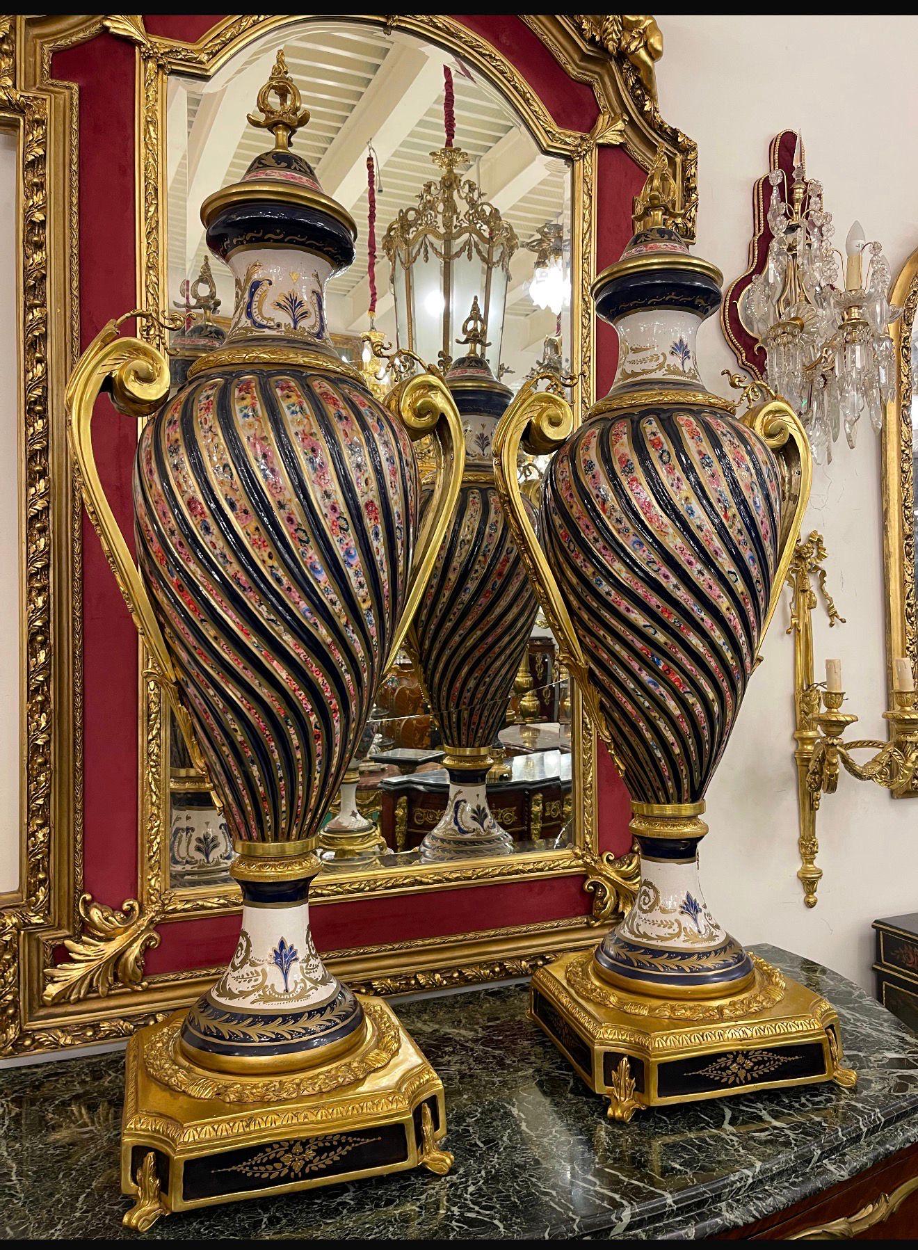 Monumental French Empire Porcelain Urns, Hand-Painted Gilt Bronze Decorative Vase Set