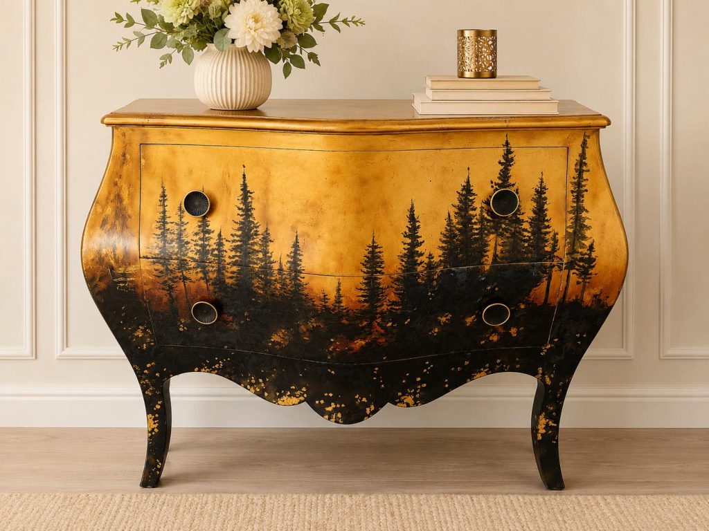 Forest Landscape Bombe Commode Hand Painted Louis XV Style Chest