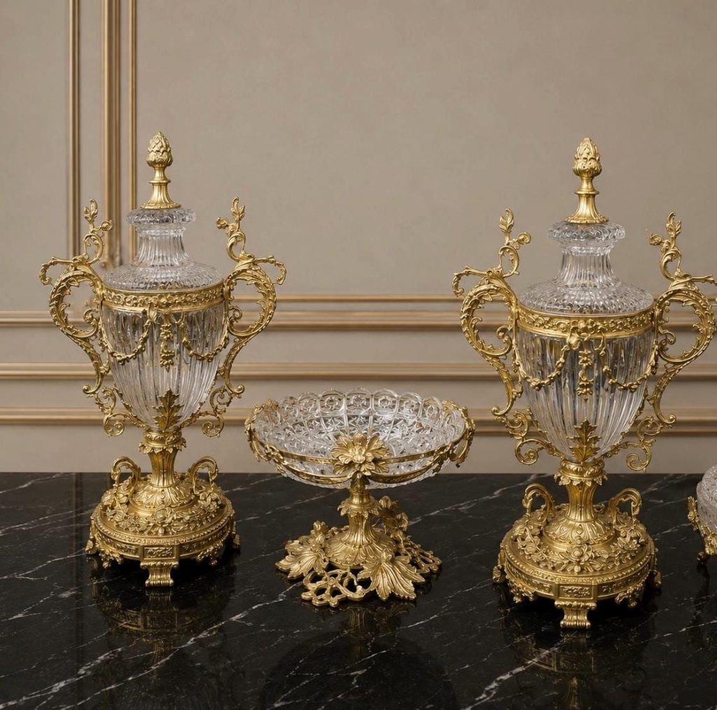 French Rococo Crystal Urn & Centerpiece Set – Gilt Bronze Baroque Decorative Collection