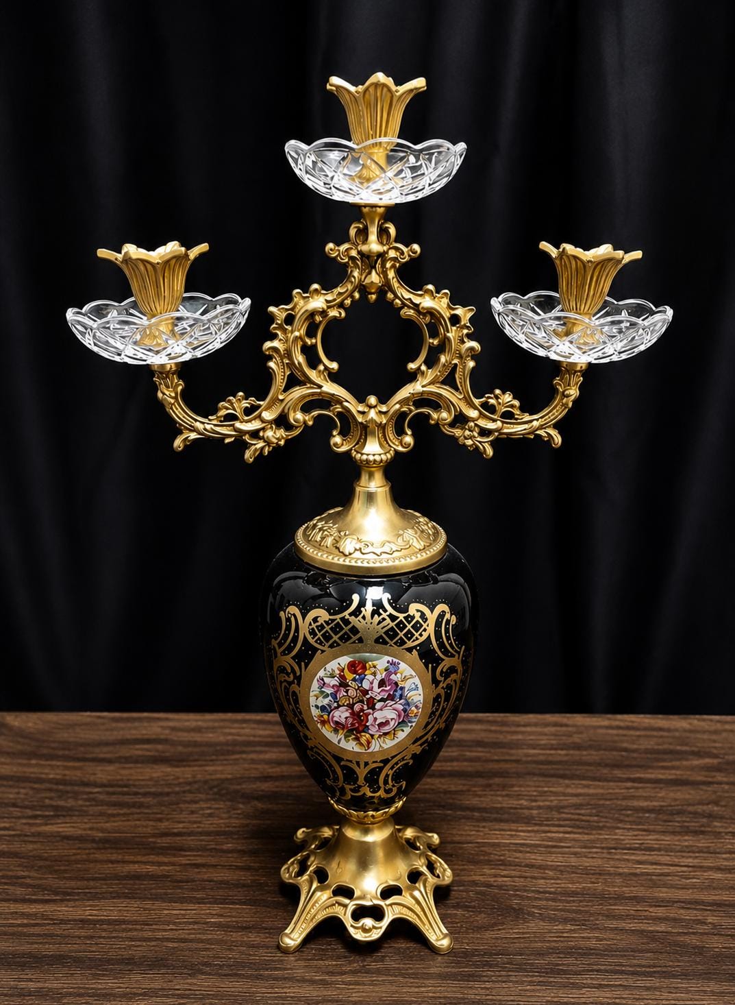 May include: A three-armed candelabra featuring a black ceramic vase base with gold filigree and a central floral medallion. The upper structure is made of ornate gold-toned metal with three clear, faceted glass candle holders at the top.