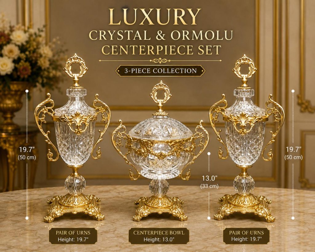 French Rococo Decor | Gilt Bronze Crystal Garniture Set Of 3