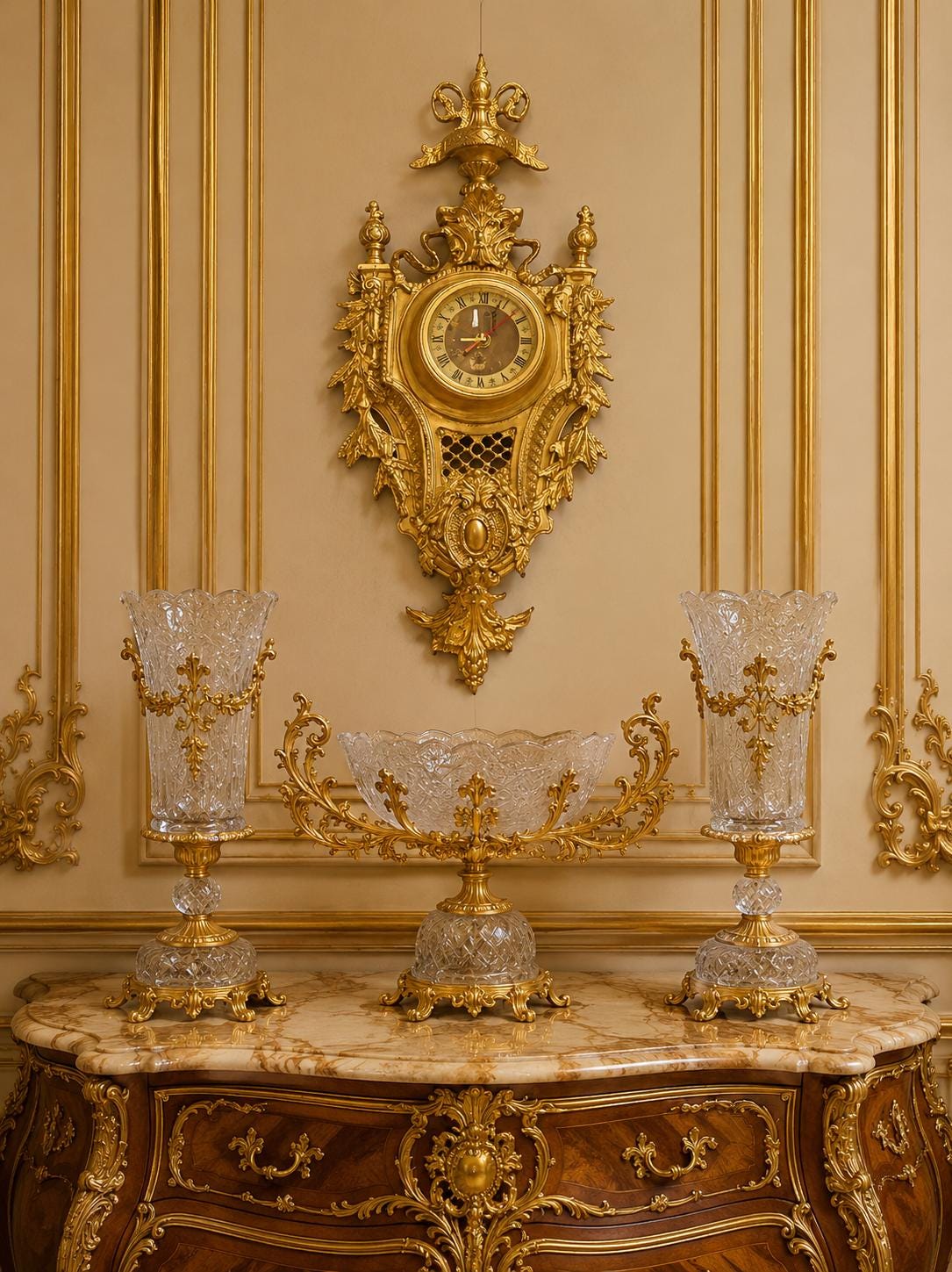 May include: A gold wall clock with ornate carvings and a round face, flanked by two tall crystal vases and a central crystal bowl, all featuring intricate gold metal bases and decorative accents, arranged on a marble-topped wooden console.