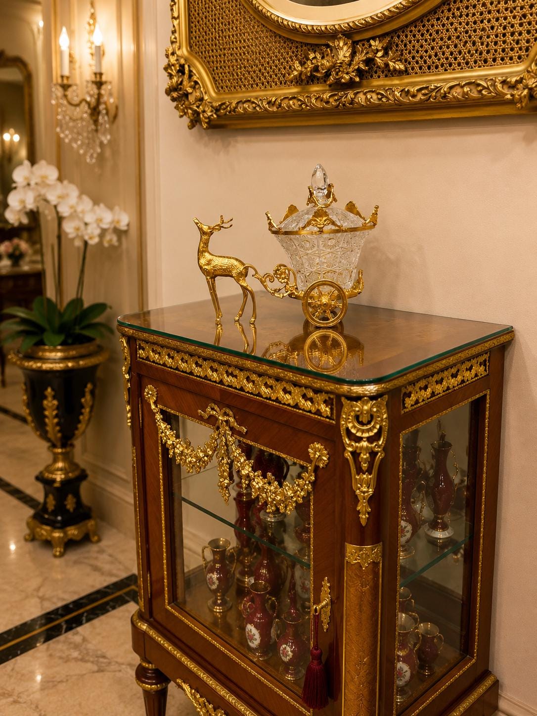 May include: A decorative gold-toned metal deer pulling a clear, faceted glass carriage with a lid. The carriage features intricate gold metal wheels and ornate detailing, resting on a wooden display cabinet with gold metal accents and glass doors.