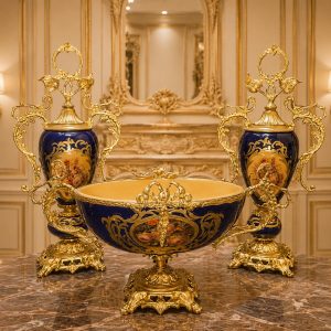 French Cobalt Blue Porcelain Garniture Set | Gilt Bronze Urns & Centerpiece Bowl