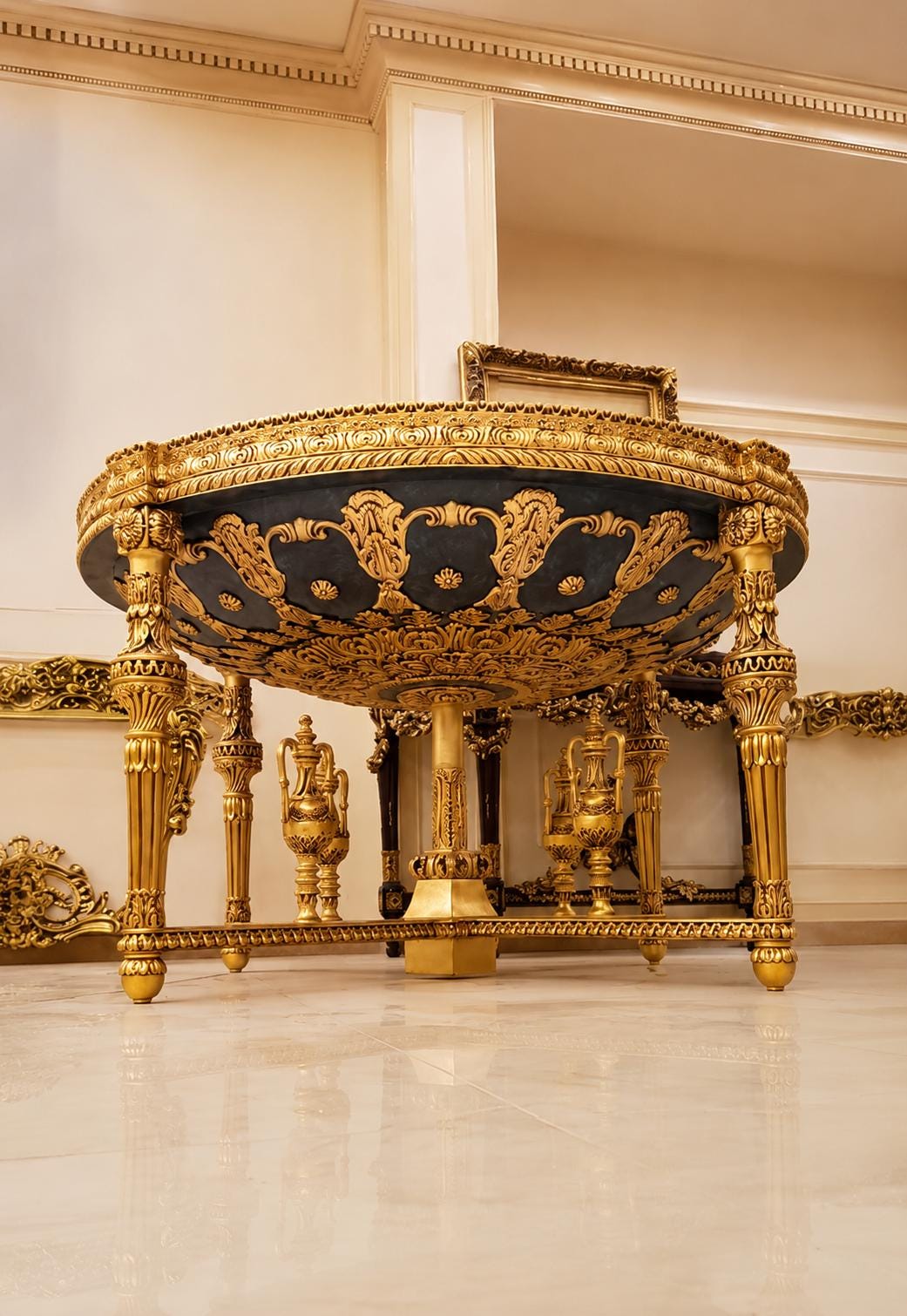 May include: A round table featuring a dark blue basin with intricate gold-colored relief carvings. The table is supported by four ornate gold-colored legs with fluted details and a central pedestal base, all resting on a horizontal gold-colored frame.