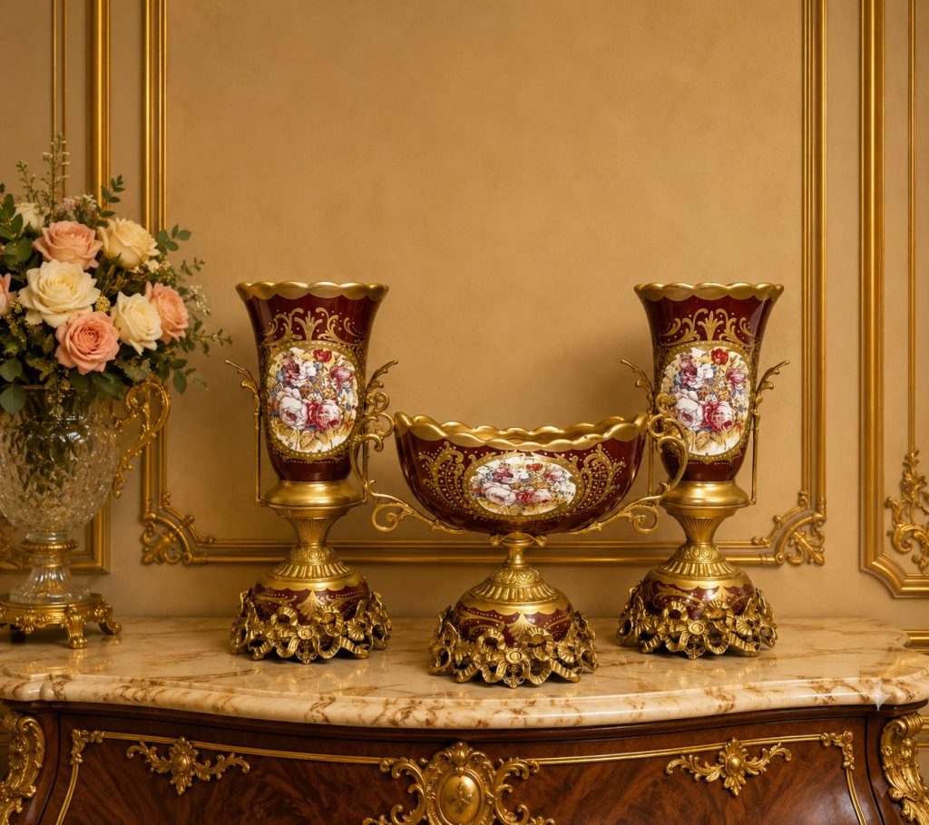 French Rococo Style Mantel Décor | Ornate Decorative Urns 16.5” & Bowl 11.8” -Burgundy set