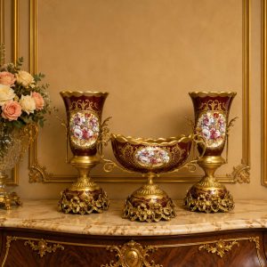 French Rococo Style Mantel Décor | Ornate Decorative Urns 16.5” & Bowl 11.8” -Burgundy set