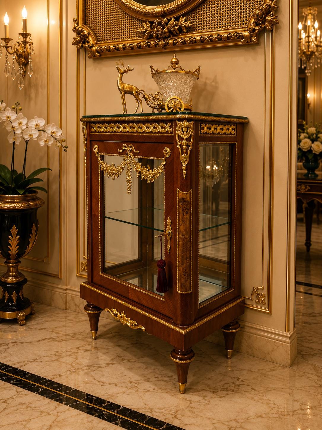 Louis XVI Mahogany Vitrine Cabinet | French Curio Display Cabinet | Gilt Bronze Ormolu Showcase