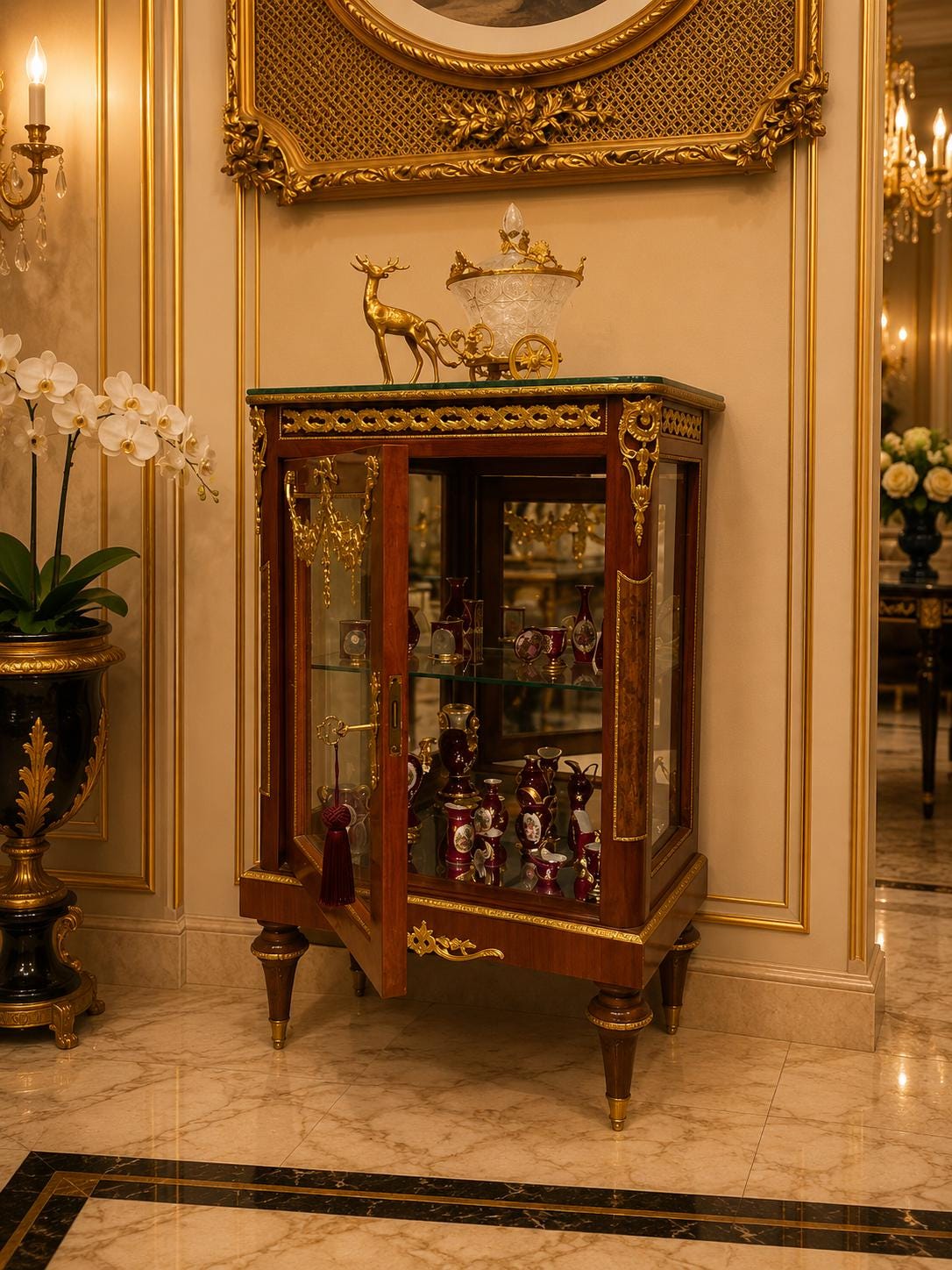May include: A mahogany display cabinet with glass panels, gold-toned metal accents, and a single door featuring a hanging tassel key. The cabinet contains small decorative items on glass shelves, topped with a gold deer and a crystal bowl.