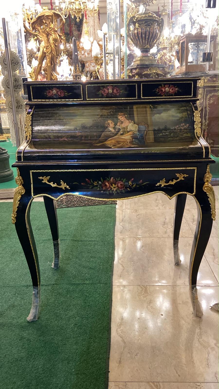 French Louis XV Secretary Desk | Hand-Painted Mahogany Bureau Plat 6 drawers-Black