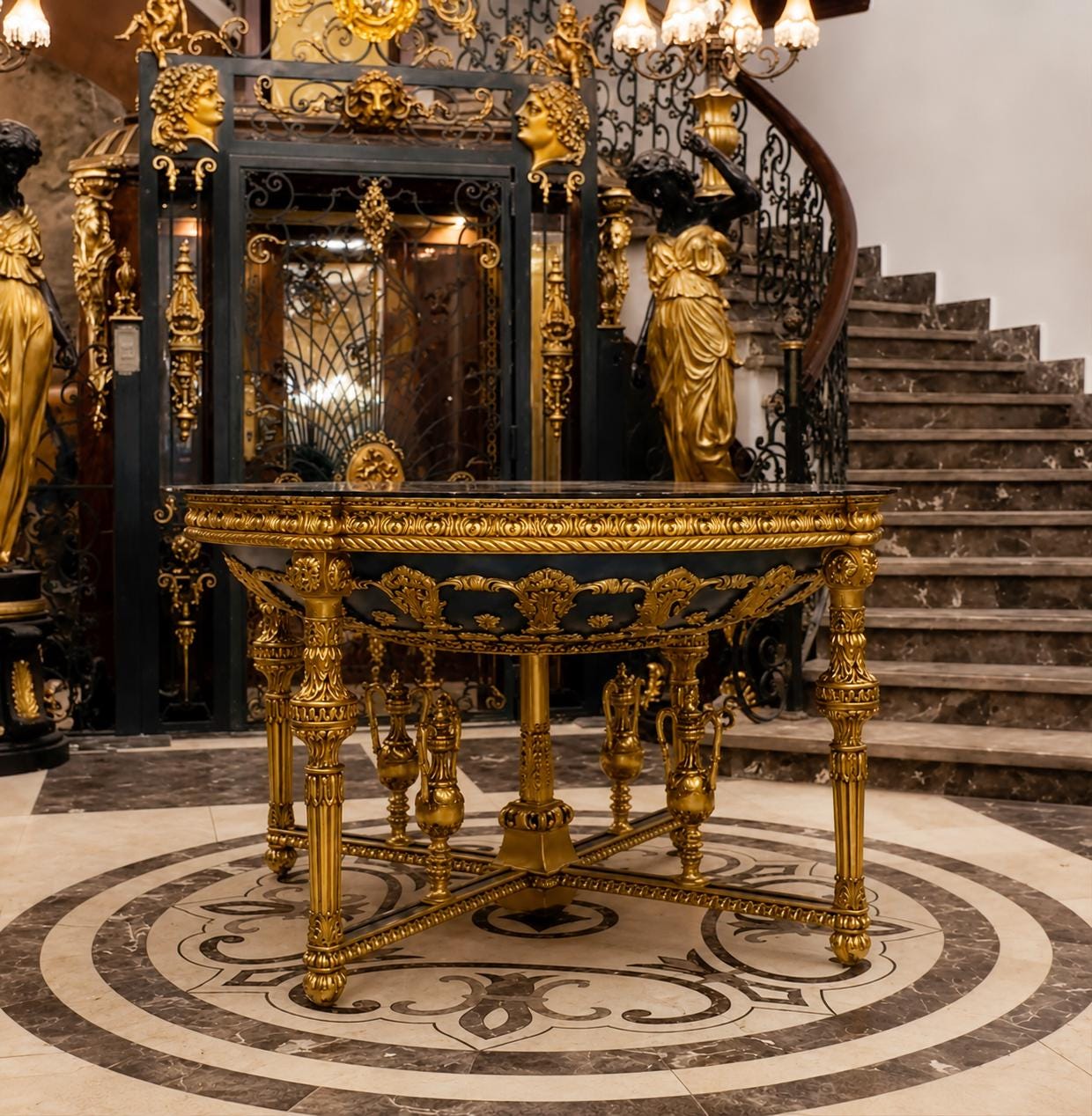 May include: A round table with a dark blue top and an ornate gold-colored base featuring intricate carvings, four primary legs, and a central support structure with decorative accents, positioned in a grand interior space with gold details.