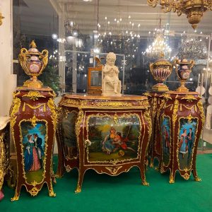 Louis XV Buffet Cabinet Set with Pedestals | Hand-Painted Rococo Mahogany Sideboard, Marble Tops