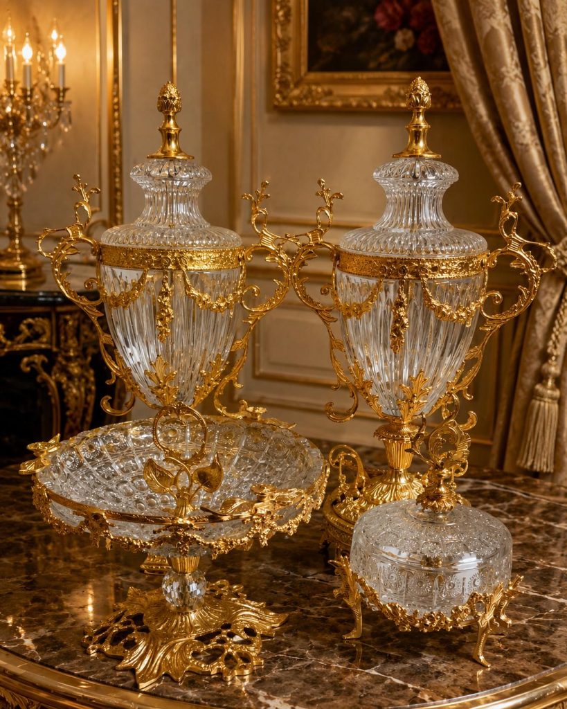 Louis XV Crystal Garniture Set | Baroque Gold Urns, Bonbonnière, Centerpiece Collection