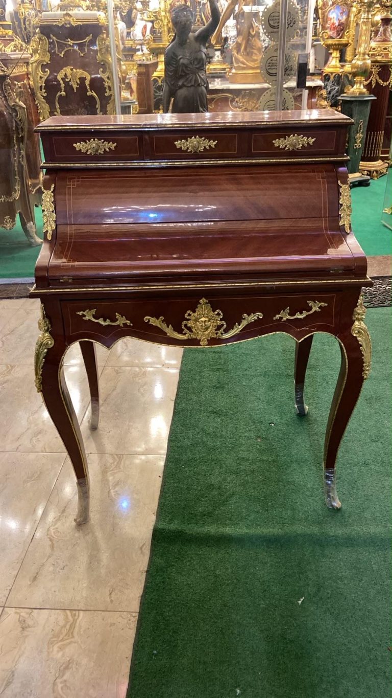 French Louis XV Secretary Desk | Hand-Painted Mahogany Bureau Plat 6 drawers- Mahogany