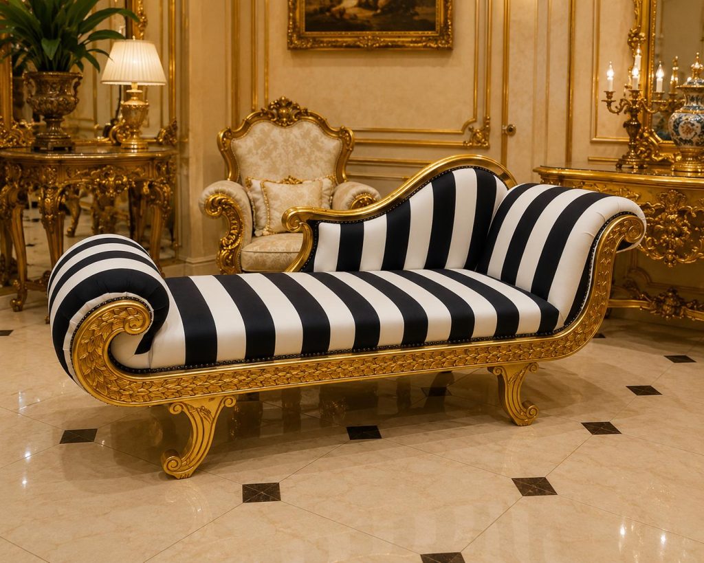 French Louis XV Chaise Lounge black and white Striped