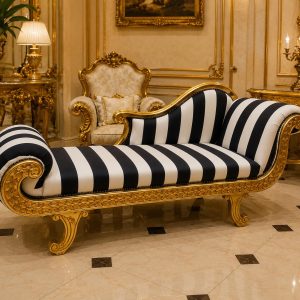 French Louis XV Chaise Lounge black and white Striped